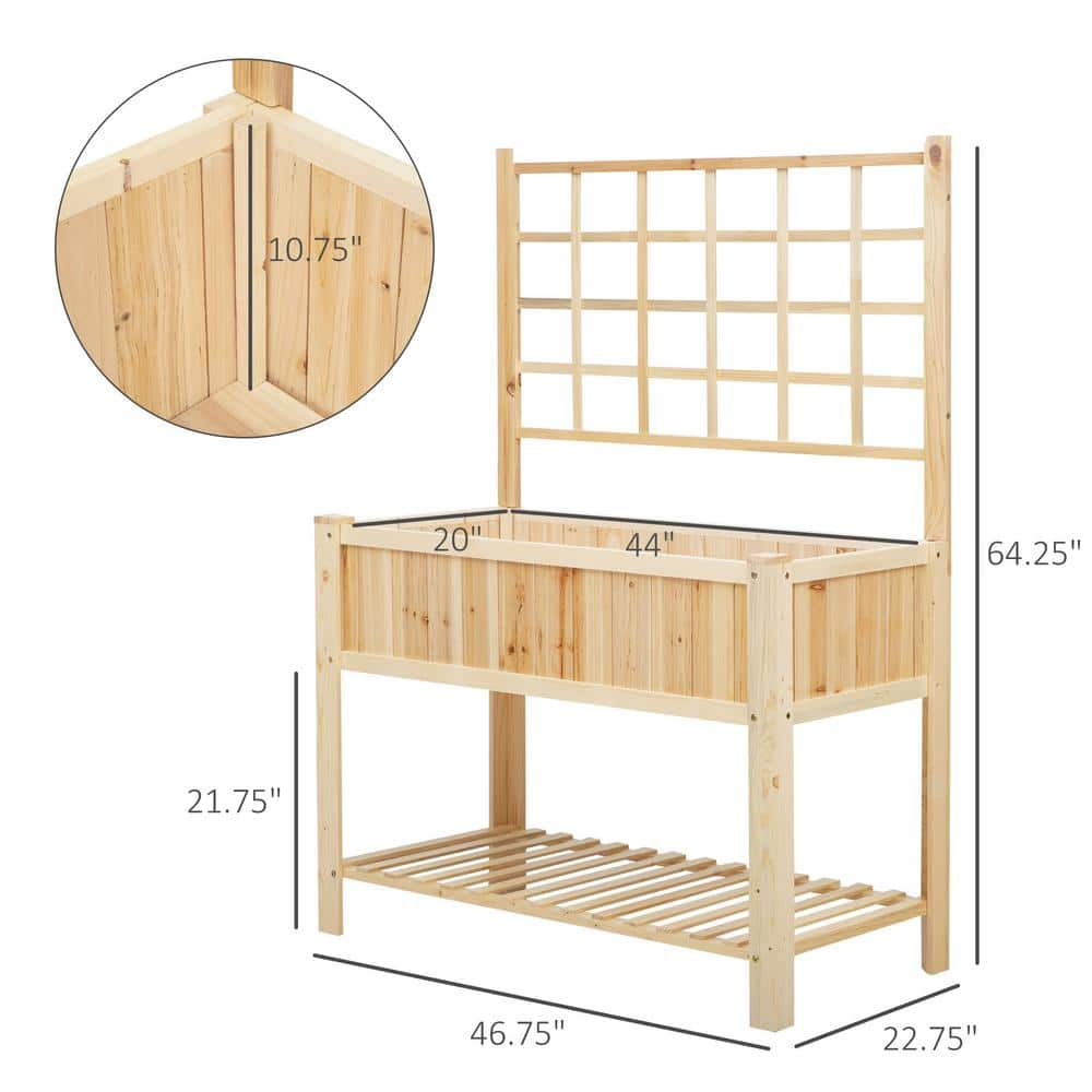 Outsunny 47 in. Natural Wooden Raised Garden Bed with Trellis Open Storage Shelf 845-474