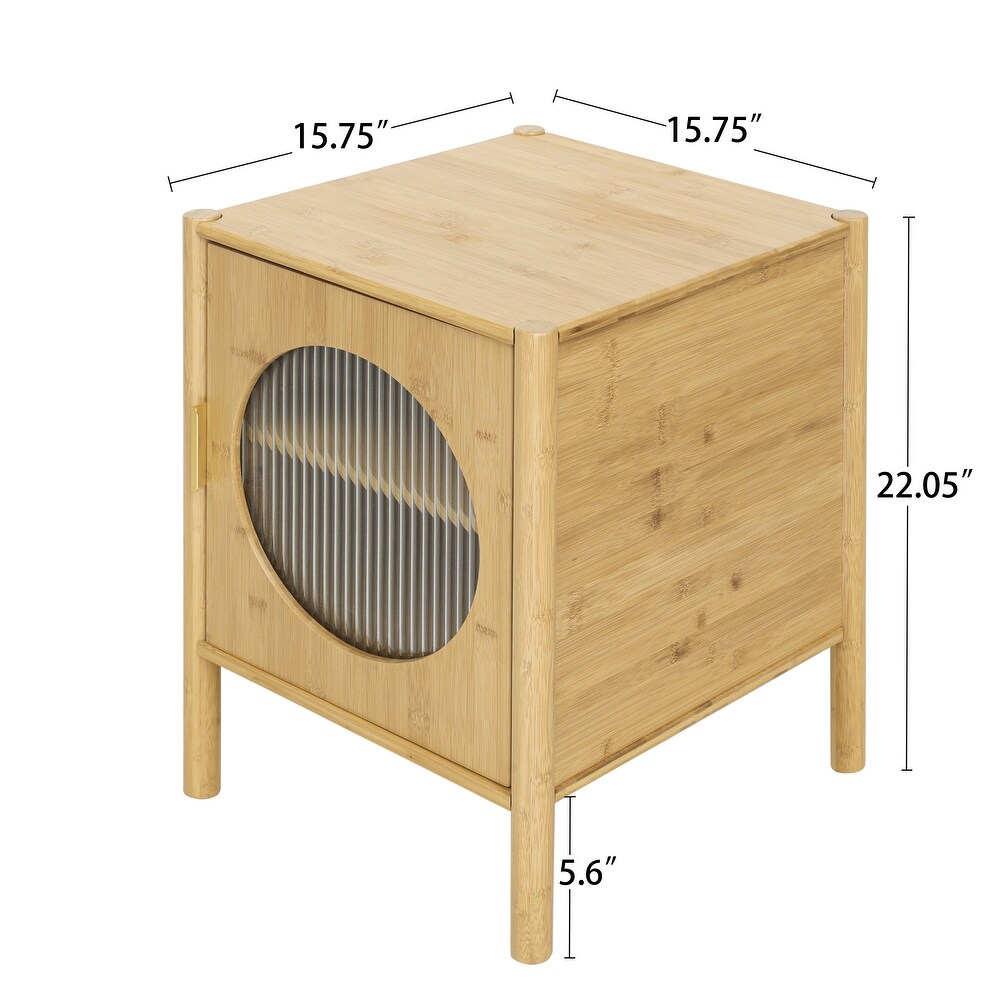 1 Door Nightstand  Bamboo Bedside Table Accent End Table with Fluted Glass Trim and Adjustable Laminate for Living Room