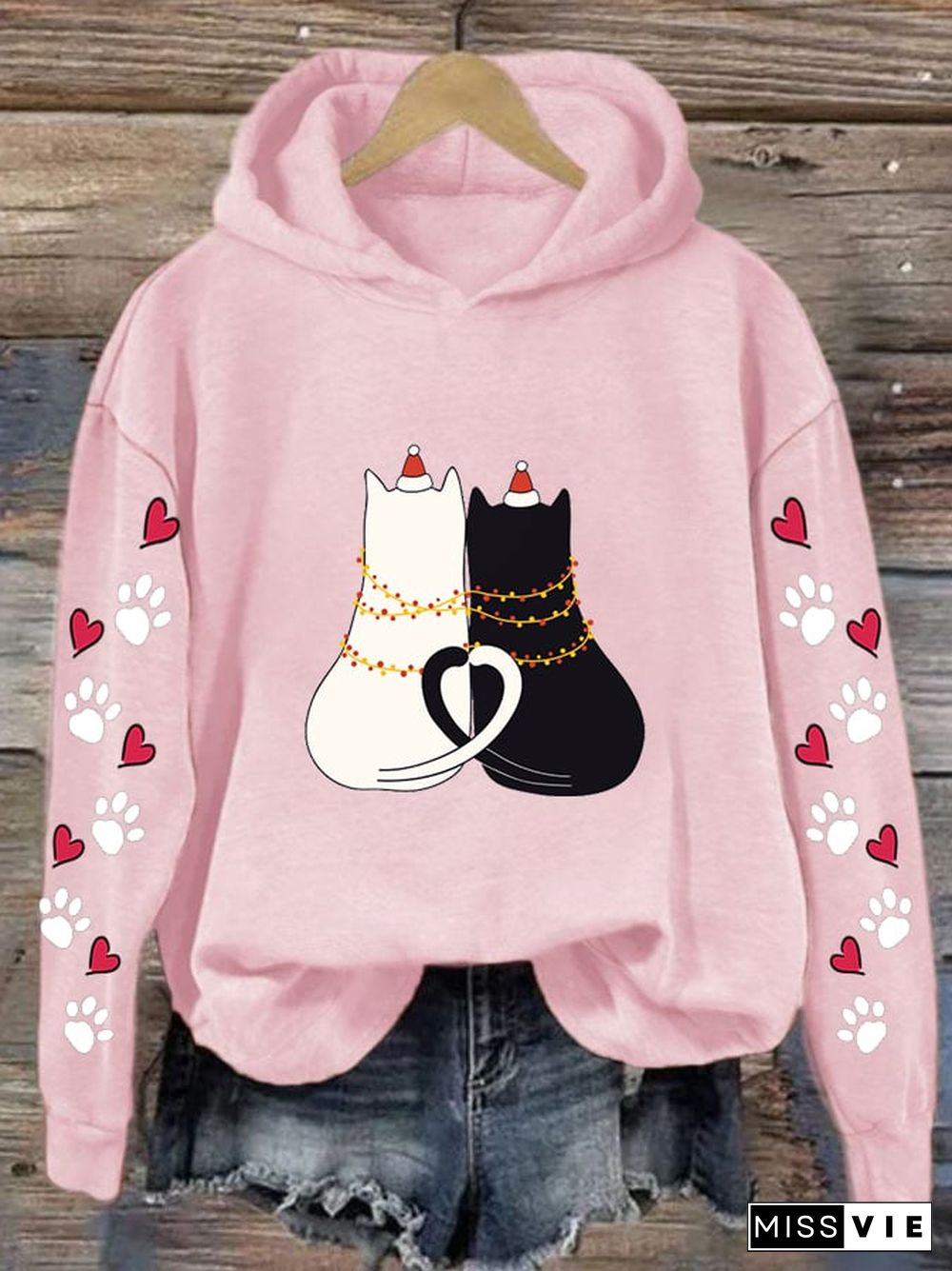 Women's Christmas Cat Love Print Casual Hooded Sweatshirt