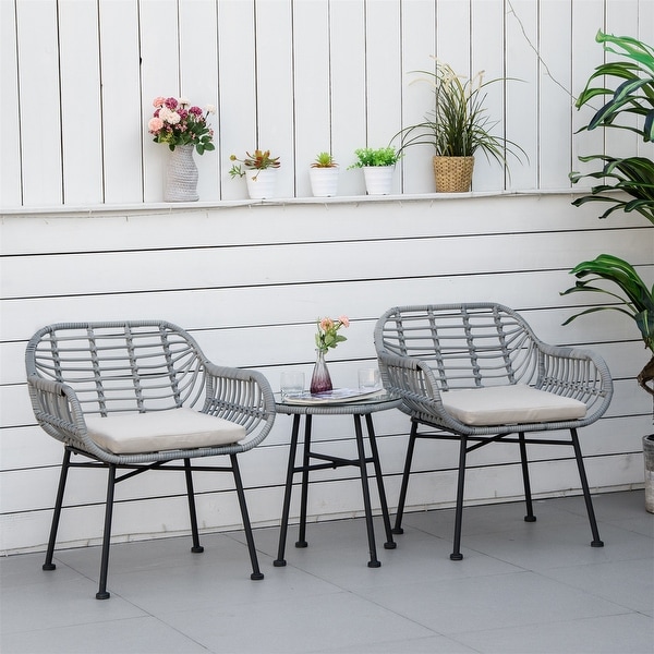 3 Piece Patio Set，PE Rattan Wicker Chairs and Table with Tempered Glass