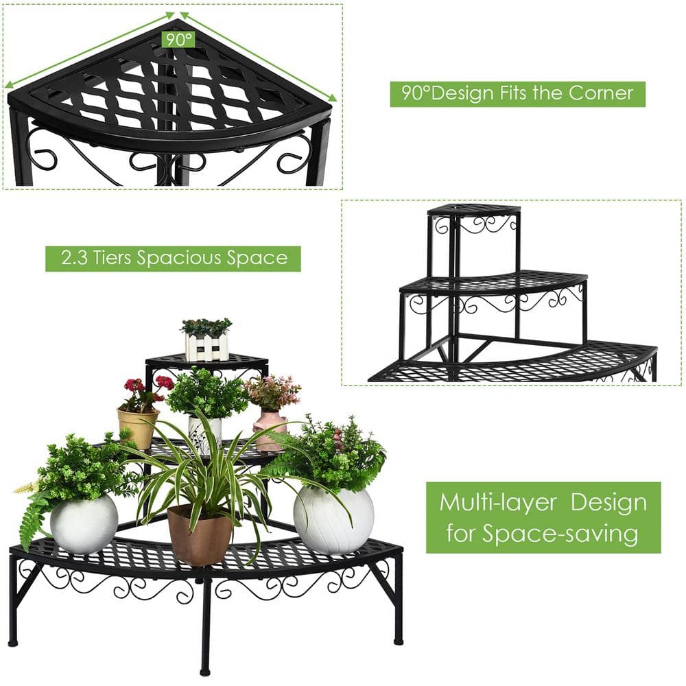 Costway 24 in. Tall Indoor/Outdoor Steel Corner Black Metal Plant Stand (3-Tiered) GT3525