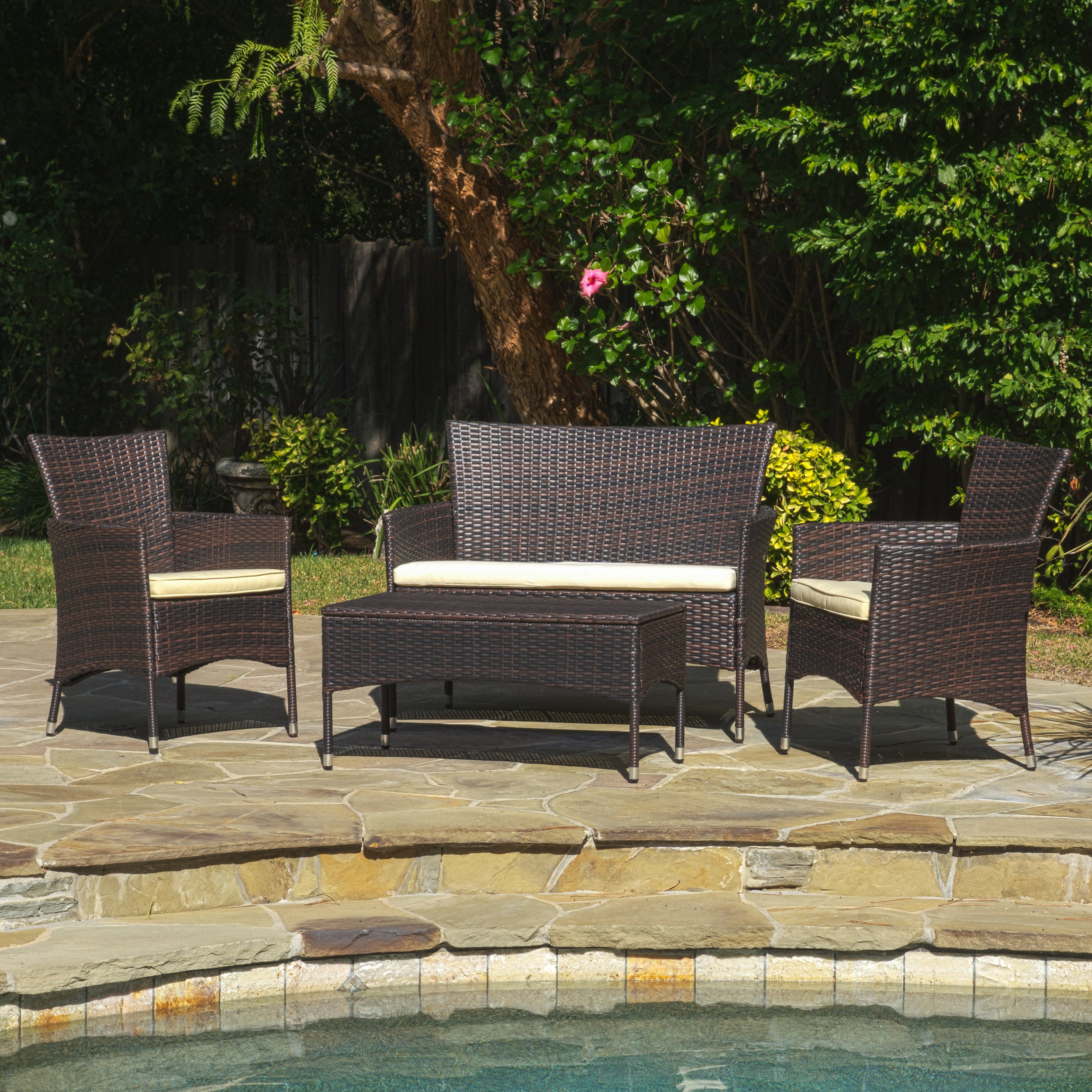 Mina Outdoor 4 Piece Wicker Chat Set with Water Resistant Cushions