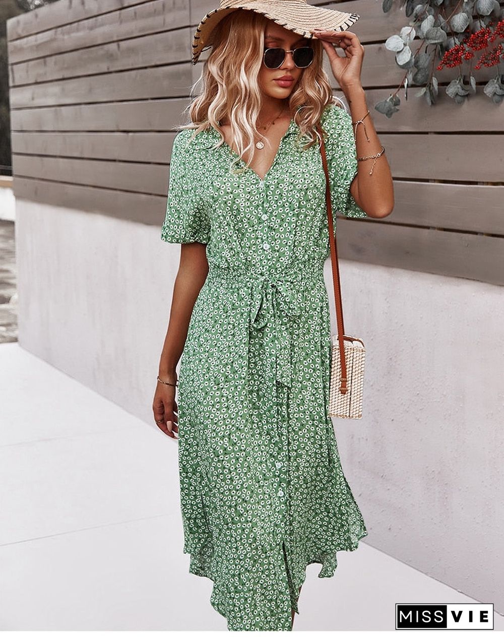 Women Floral Dress Summer Casual Short Sleeve Button Holiday Midi Dresses Female V-Neck Beach Boho Chic Dress Elegant Robe