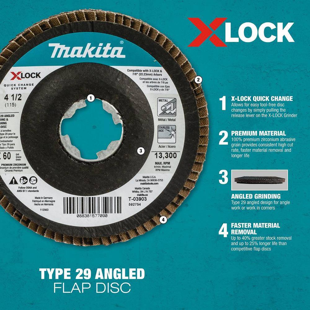 Makita X-LOCK 4‑12 in. 40 Grit Type 29 Angled Grinding and Polishing Flap Disc X-LOCK and All 78 in. Arbor Grinders (3-Pack) T-03894-3