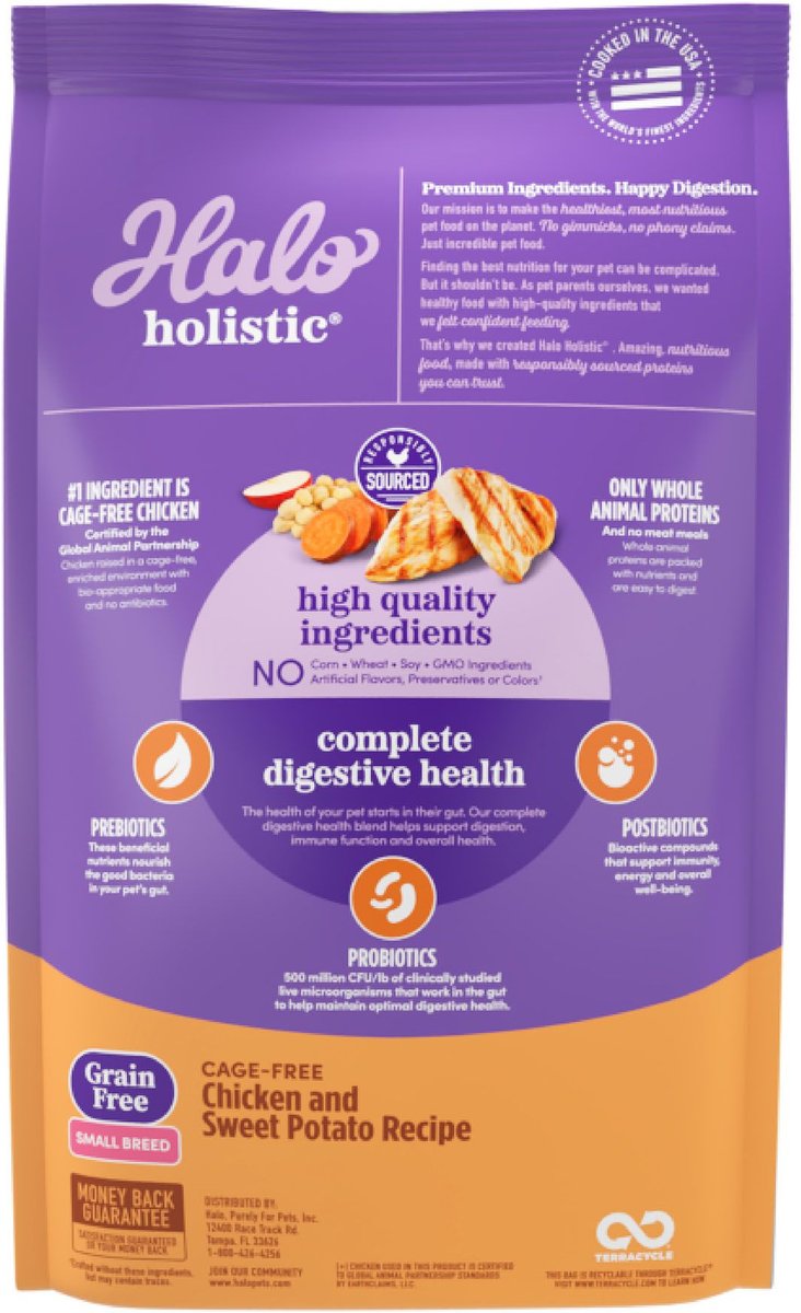 Halo Holistic Complete Digestive Health Grain-Free Chicken and Sweet Potato Dog Food Recipe Small Breed Dry Dog Food