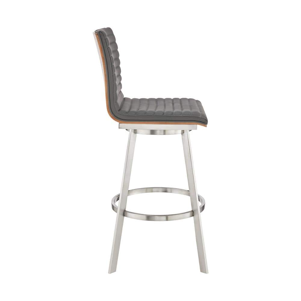 Armen Living Jermaine 30 in. Bar Height High Back Swivel Bar Stool in Brushed Stainless Steel and Grey Faux Leather 721535762057