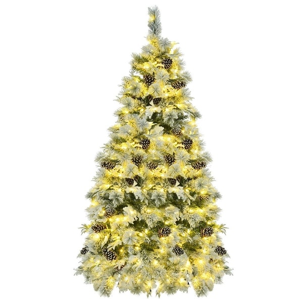 4/6/7.5FT PreLit Spruce Snow Flocked Christmas Tree，PE and PVC Artificial Lighted Xmas Tree with Cones，11 Flashing Modes