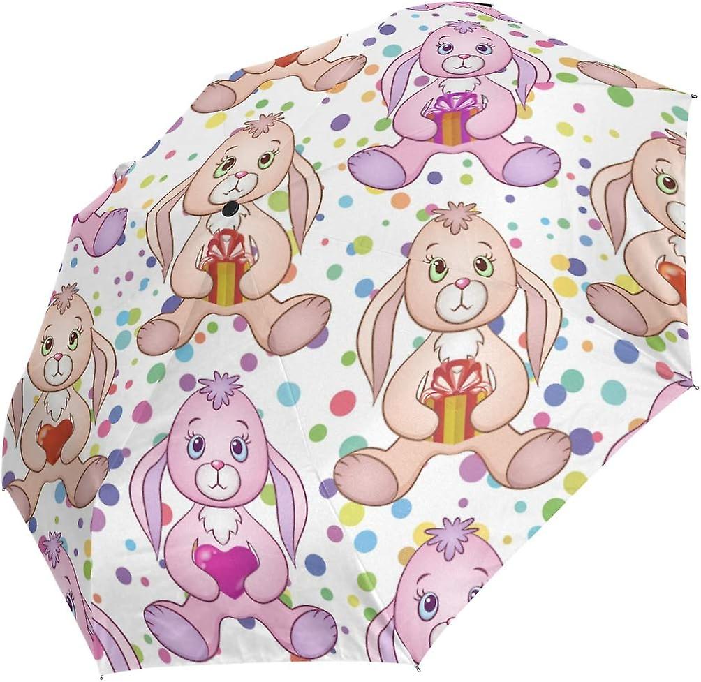 Travel Umbrella Automatic Windproof Foldable Umbrella Rabbits With Hearts And Polka Dots