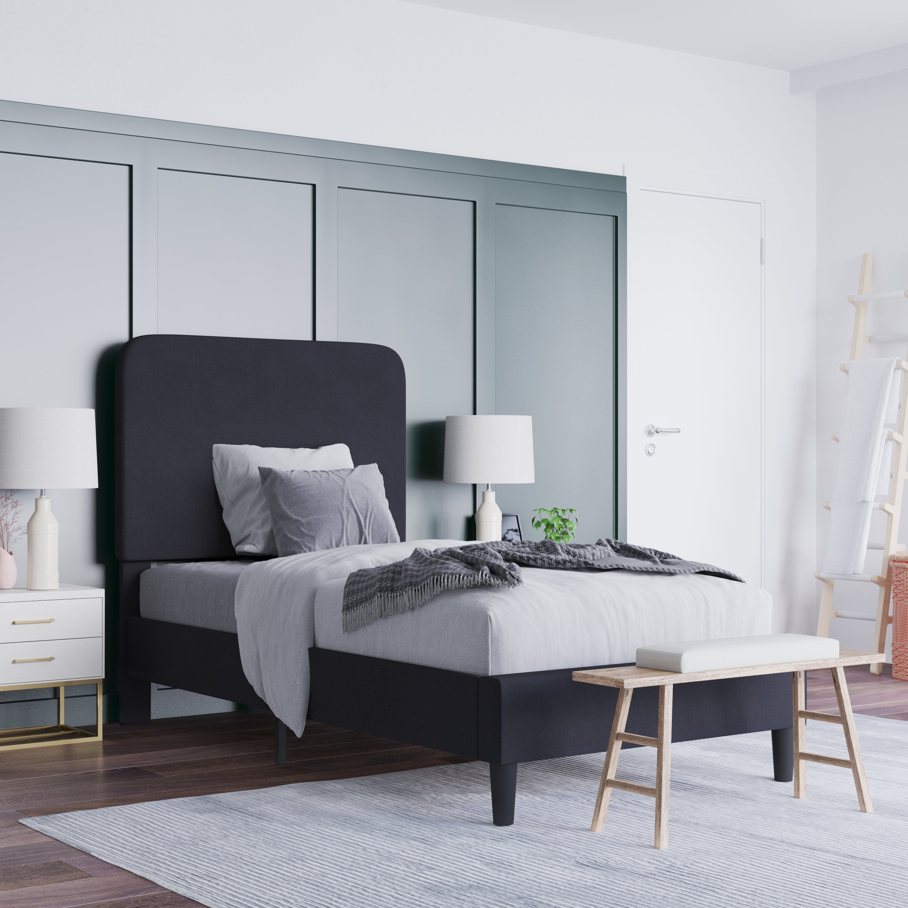 Emma + Oliver Twin Sized Fabric Upholstered Platform Bed in Charcoal Black with Curved, Slim Panel Headboard and Wooden Support Slats