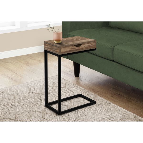 Accent Table， C-shaped， End， Side， Snack， Storage Drawer， Living Room， Bedroom， Brown Laminate， Black Metal， Contemporary， Modern