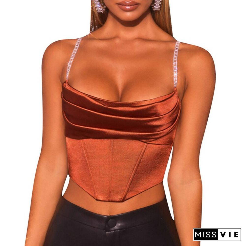 Women\u2022 Fashion Solid Color Camisole Summer Boat Neck Exposed Navel Irregular Chain Suspender Tops Elegant Shirt