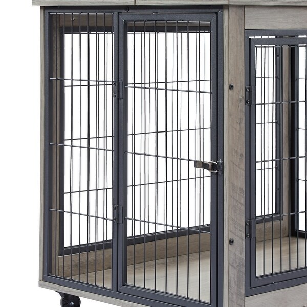 Dog Crate Side Table on Wheels with Double Doors and Flip Top