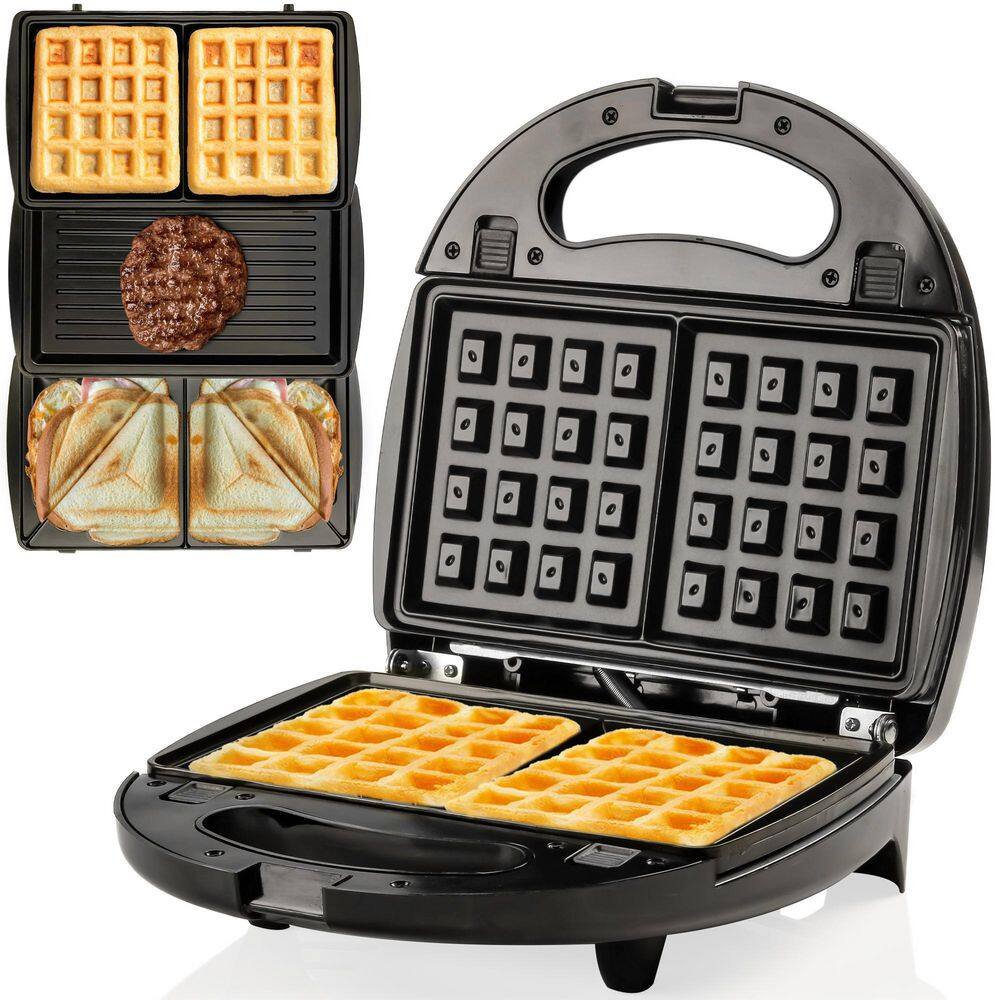 OVENTE 3-in-1 Electric Sandwich Maker Detachable Non-Stick Waffle and Plates 750-Watts LED Indicator Lights GPI302 Black GPI302B