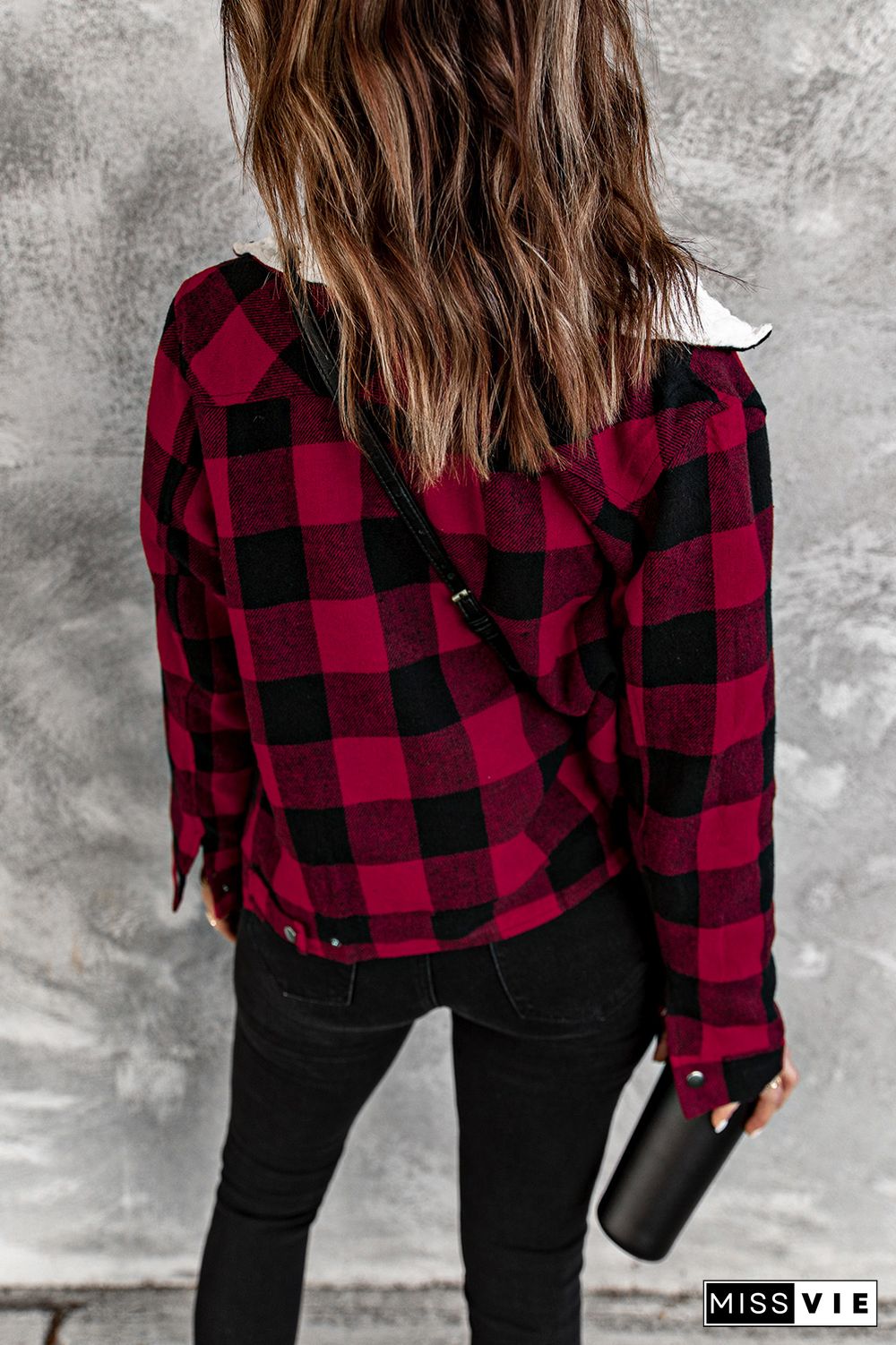 Red Plaid Print Fleece Button Jacket