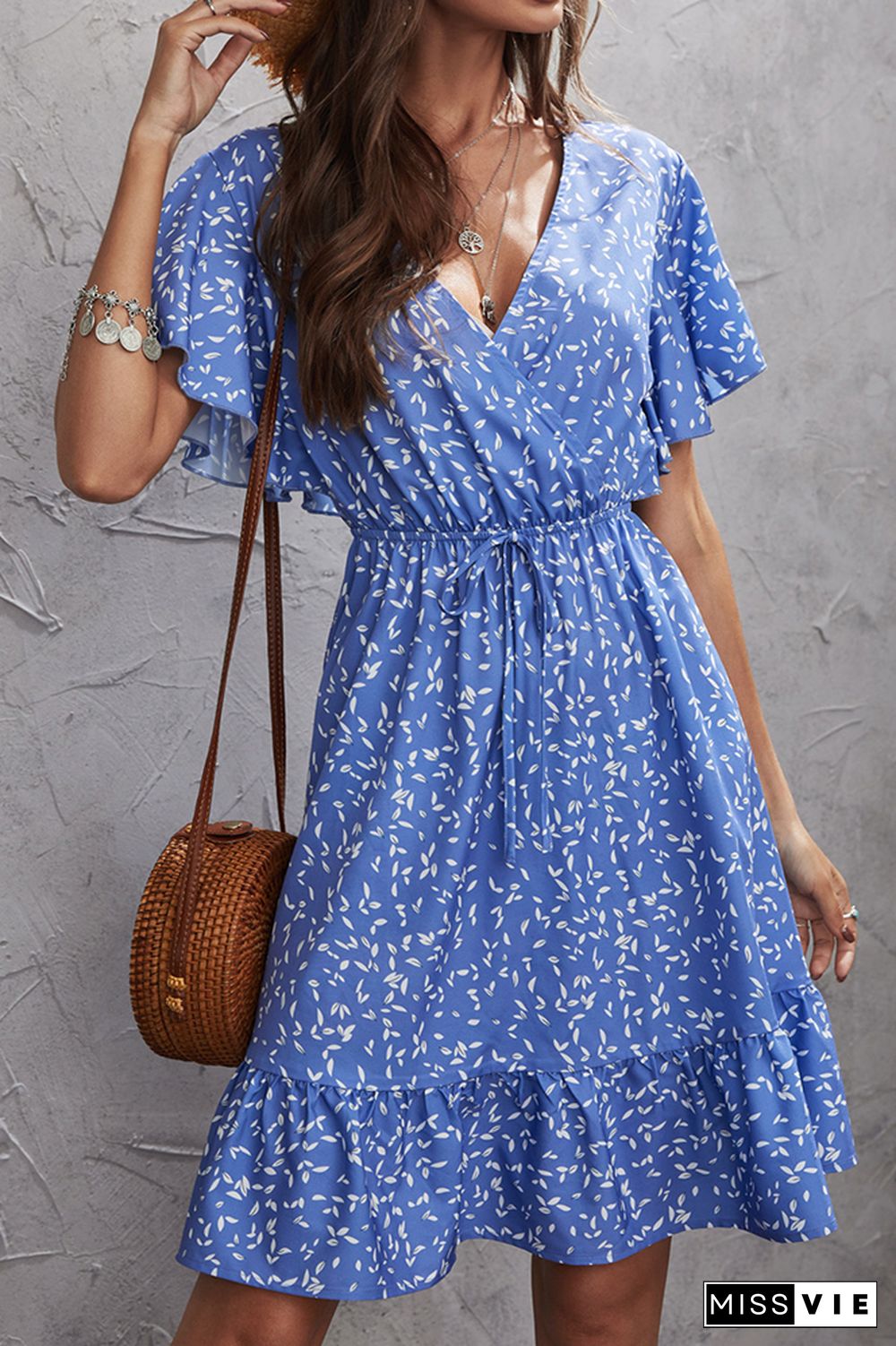 Wrap V Neck Drawstring Blue Floral Flare Dress