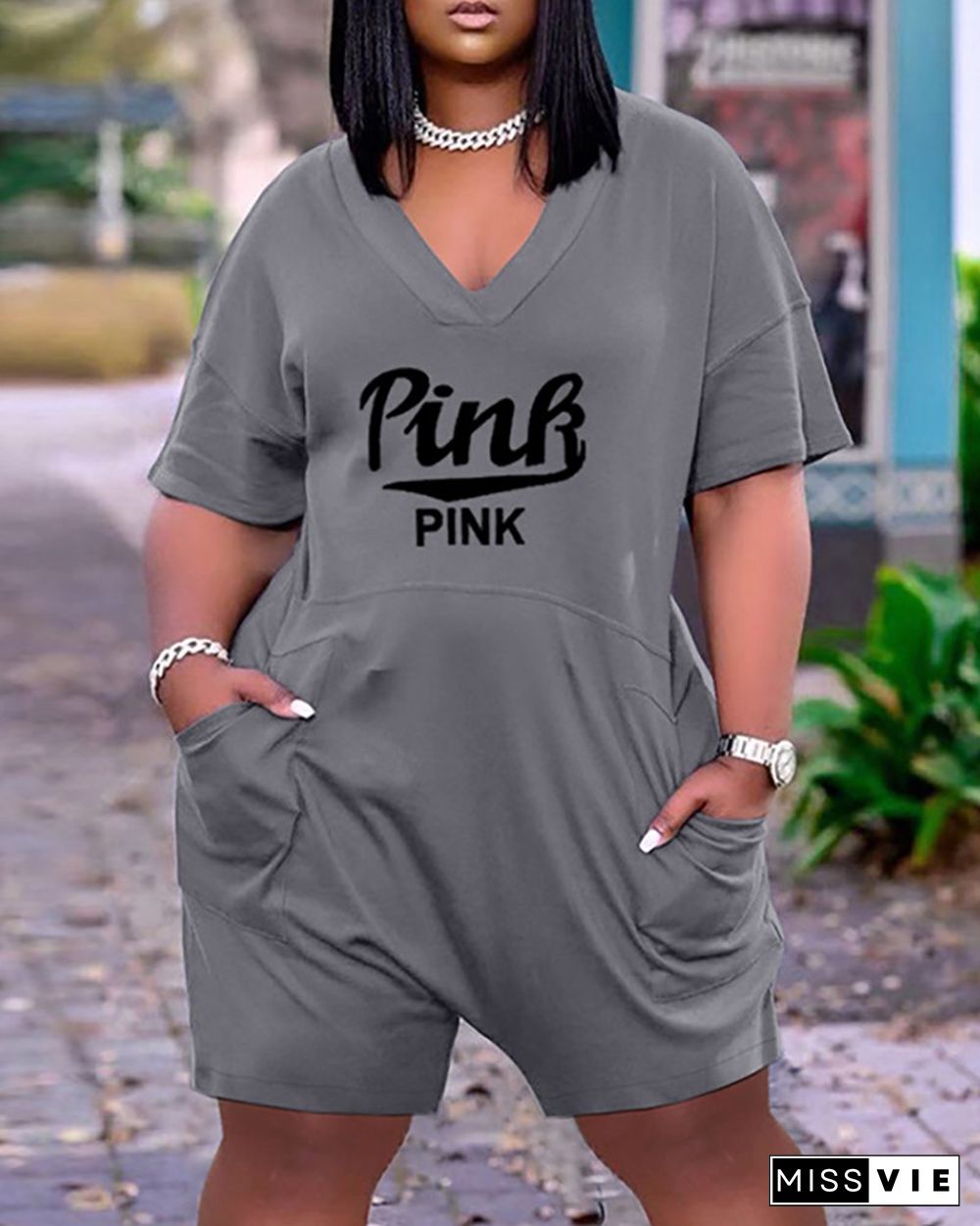 Pocket Design Letter Print Short Sleeve Romper