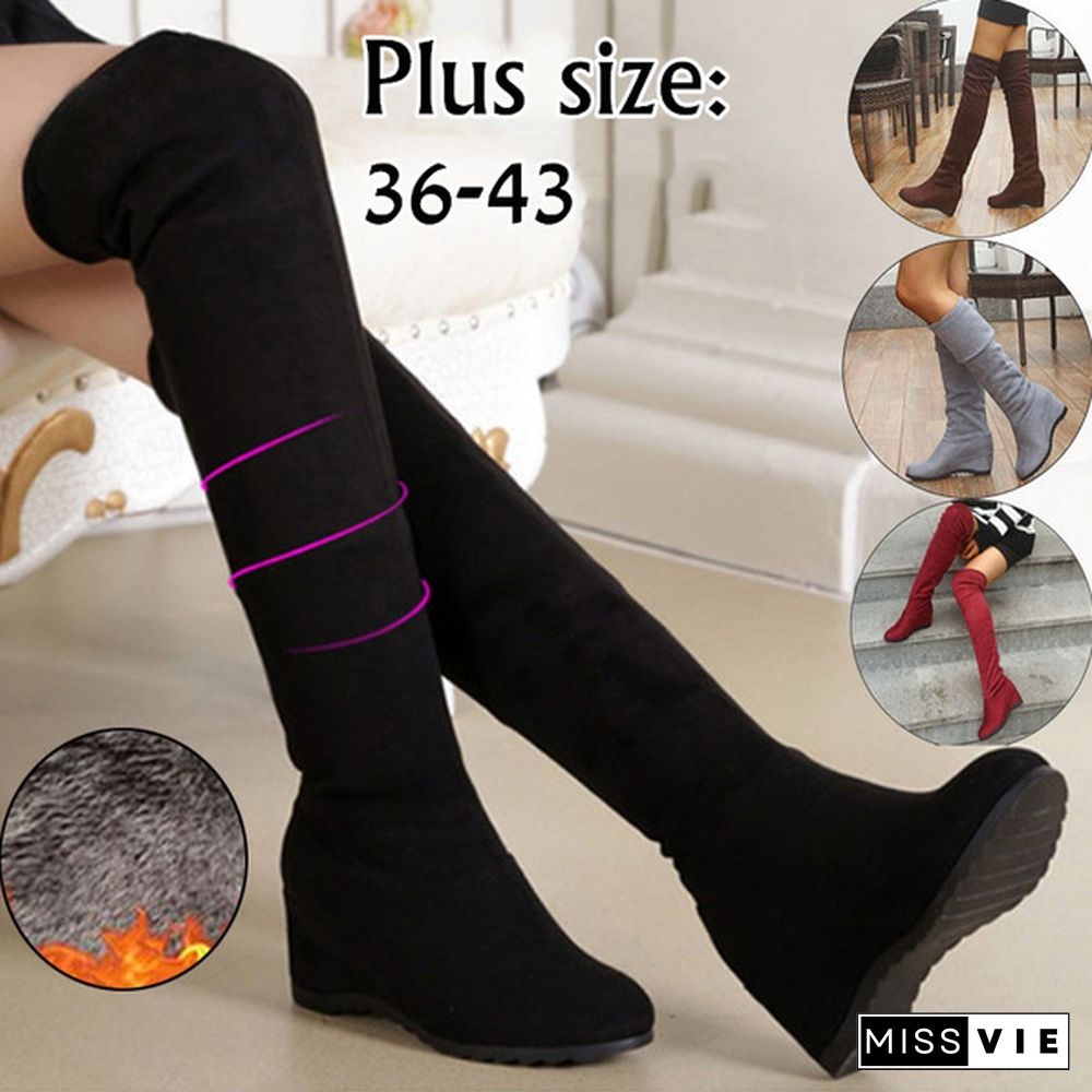 Plus Size 34-43 Winter Spring Ladies Fashion Flat Bottom Boots Shoes Over The Knee High Leg Suede Long Boots