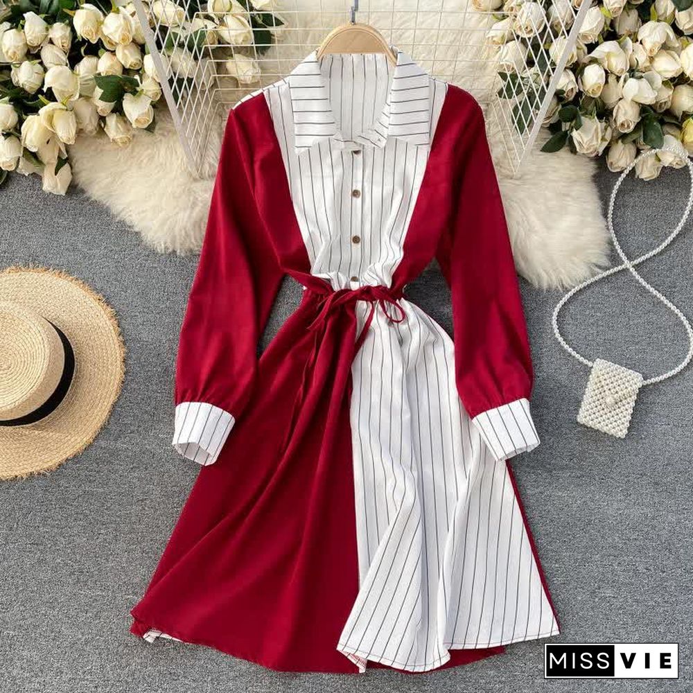 Colorblock Stripe Print Drawstring Long Sleeve Lapel Shirt Dress