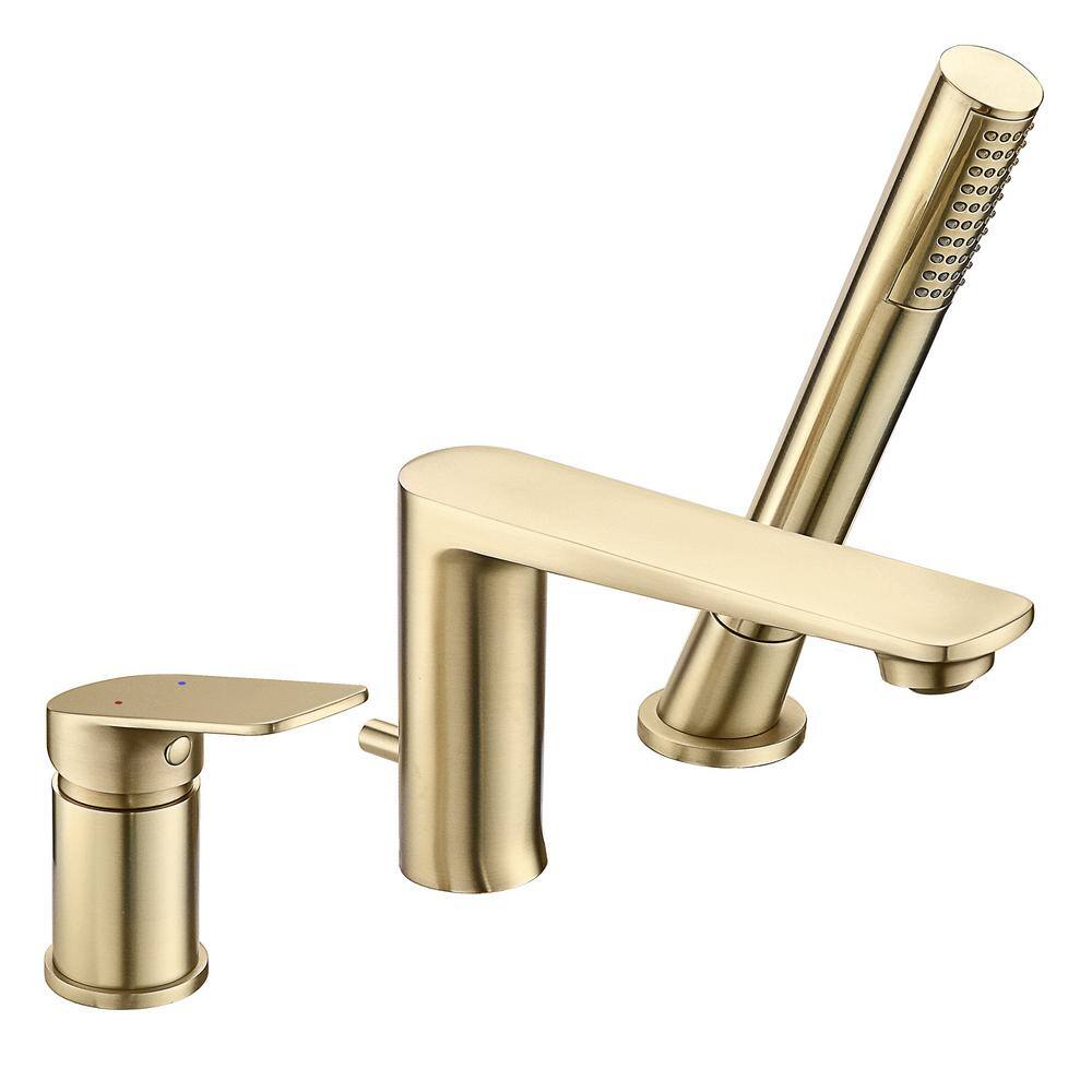 Tomfaucet Single-Handle Deck-Mount Roman Tub Faucet with Hand Shower in Brushed Gold TFB1028BG