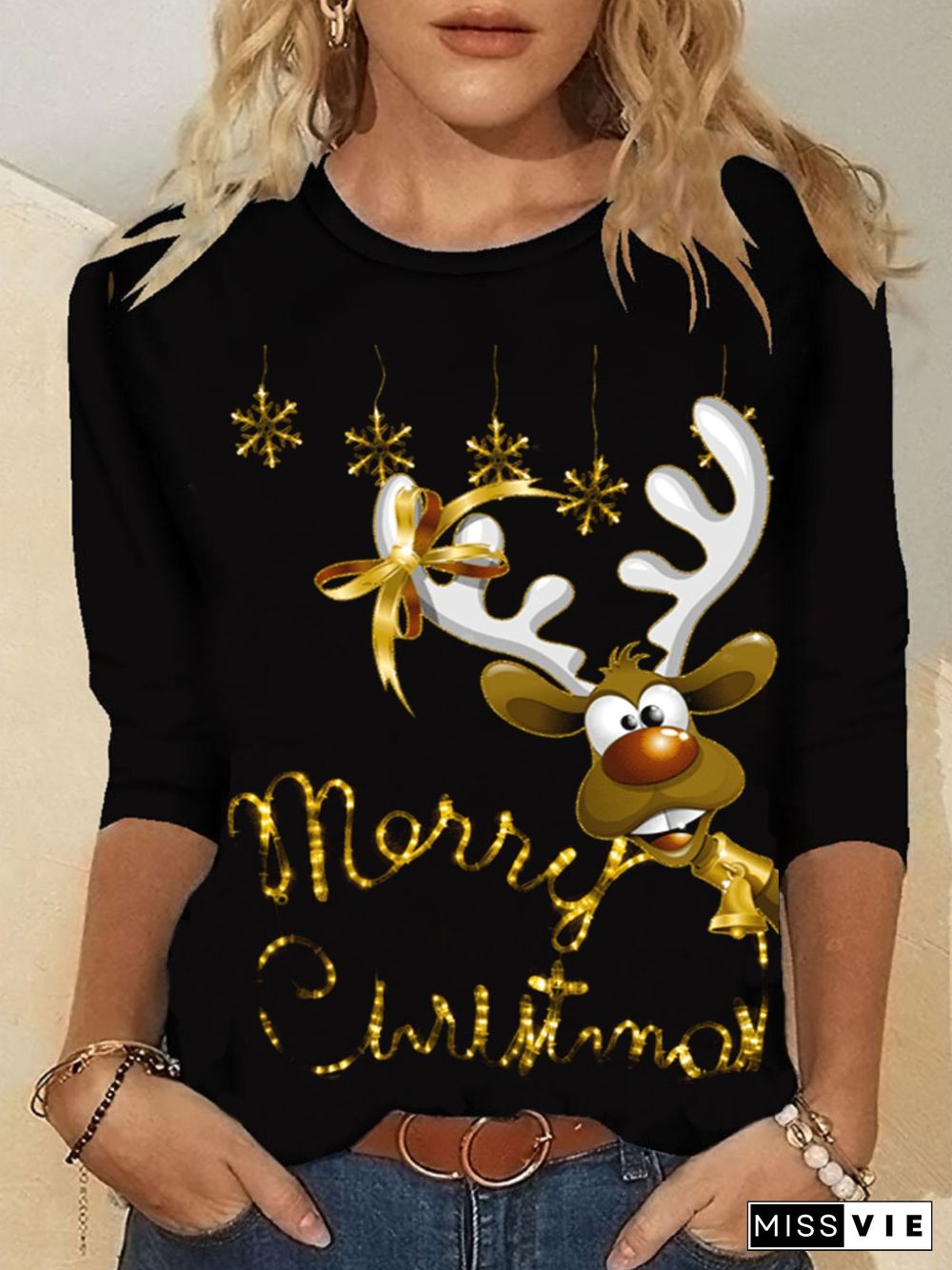 Christmas Xmas Long Sleeve Round Neck Plus Size Printed Tops T-shirts