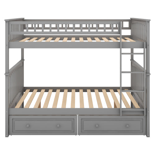 Full Over Full Solid Wood Full Size Bunk Bed with Two Storage Drawers, Convertible Bunk Bed Can be Converted Into Two Full Size Daybeds,Gray