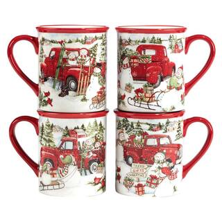 Certified International Red Truck Snowman 16 oz. Multi-Colored Earthenware Beverage Mugs Set of 4 29002SET4