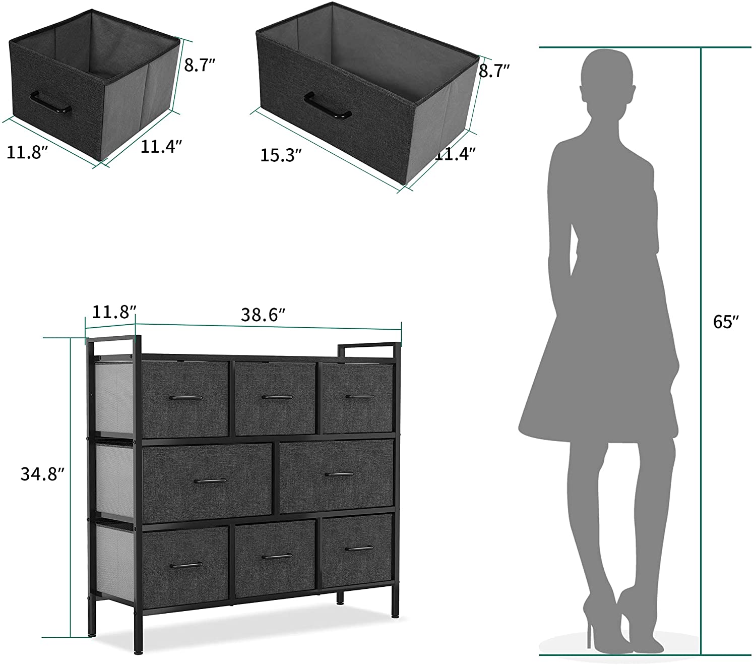 DWVO Fabric Dresser with 8 Drawers - Furniture Storage Tower Unit for Bedroom, Hallway, Closet, Office Organization, End Table Dresser - Steel Frame，Black Grey