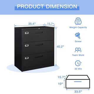 Zeus  Ruta Black File Cabinet 3-Drawer with Lock Locking Metal Lateral Filing Cabinet for Home Office ZeusOffice112BK