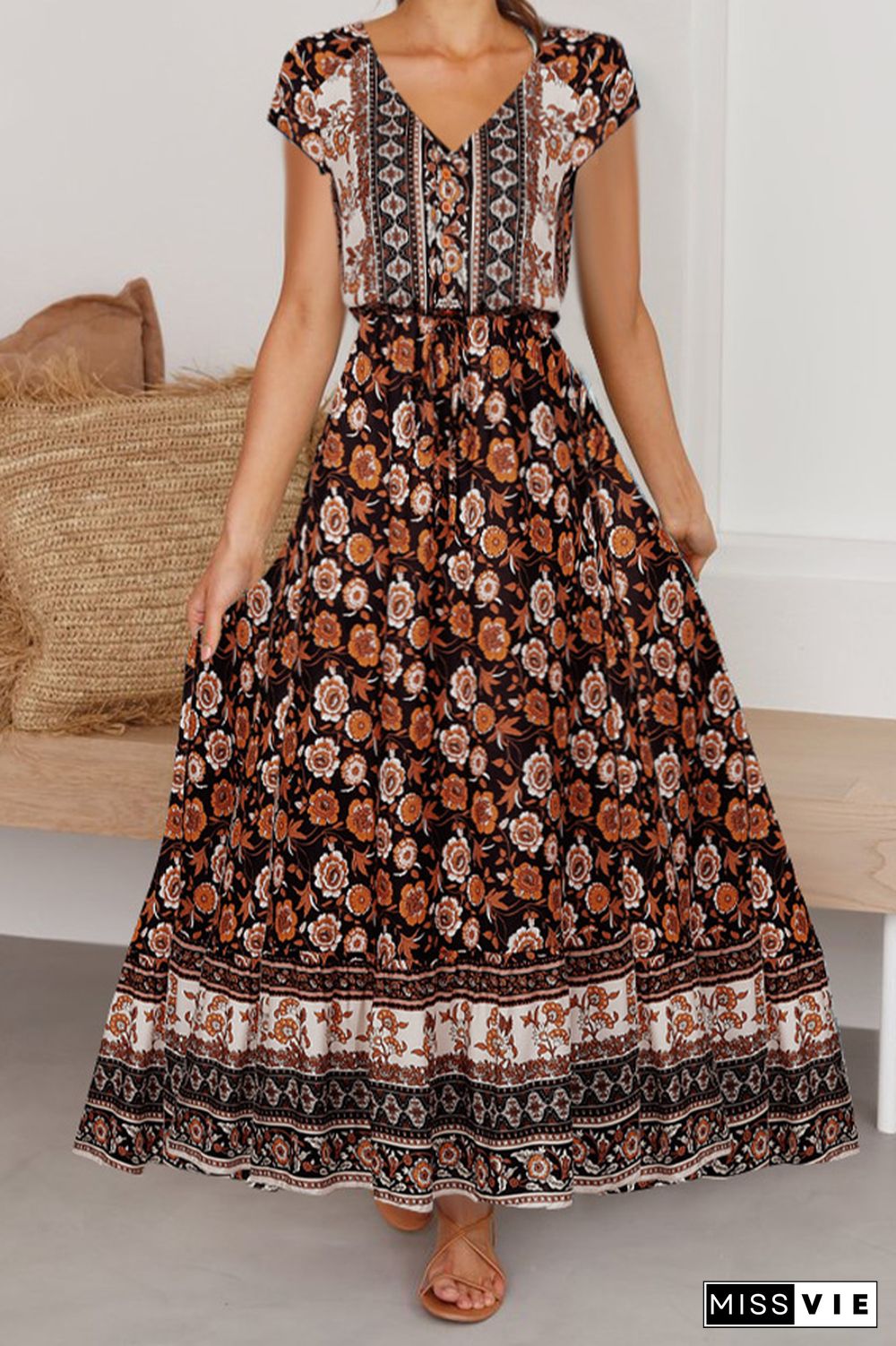 V Neck Buttoned Drawstring Bohemian Print Maxi Dress