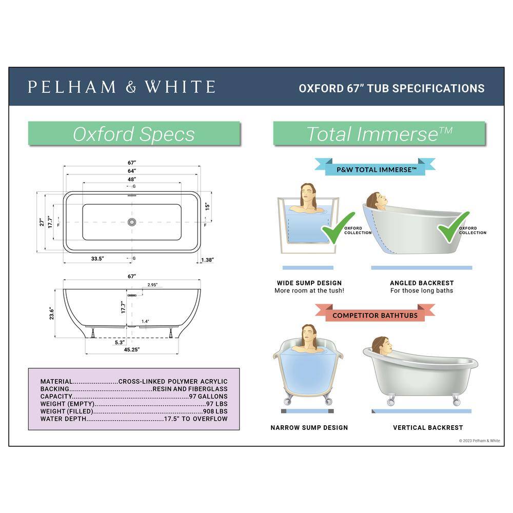 PELHAM  WHITE Oxford 67 in. Acrylic Curvy Rectangle Freestanding Bathtub in White Drain in White PW82078-W