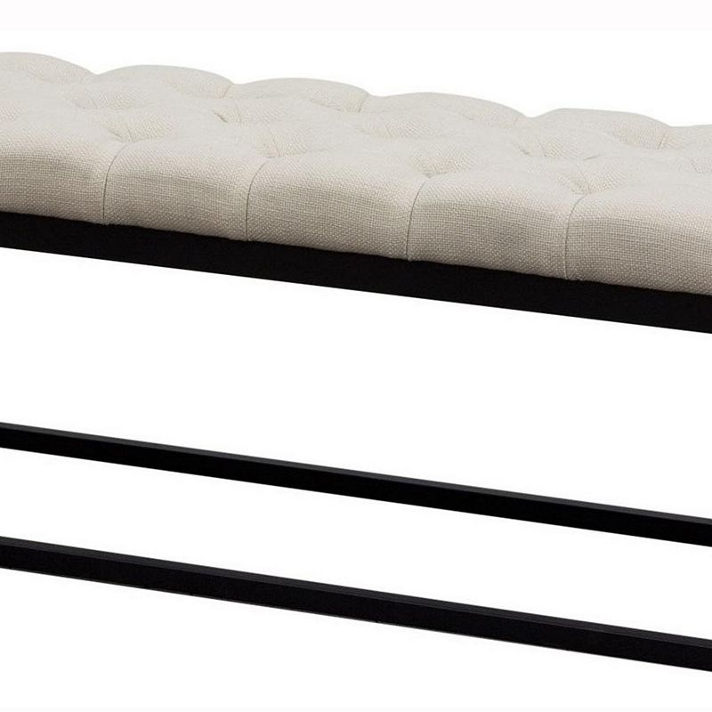 Linen Upholstered Metal Contemporary Bench with Diamond Tuft Details， Beige and Black