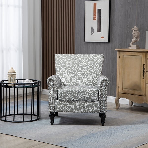 Floral Pattern Mid-Century Modern Accent Chair， Linen Armchair