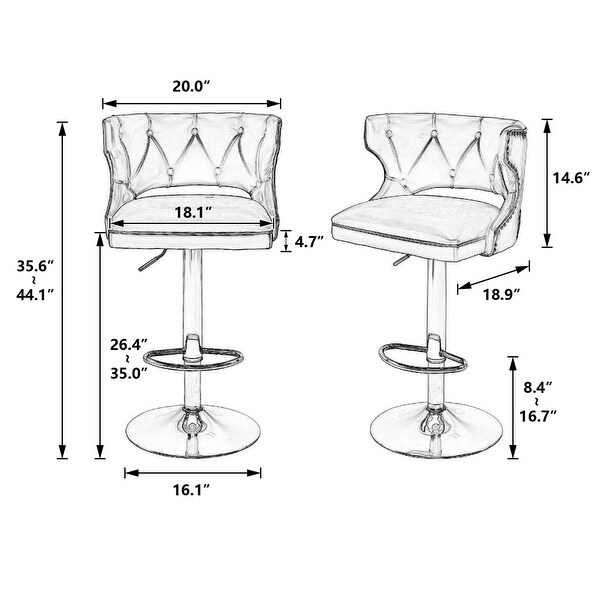 Set of 2 Bar Stools With Back and Footrest Adjustable Height Dining Chairs