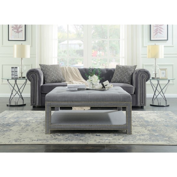 Chic Home Micah Coffee Table Ottoman in a 2-Layered Tufted Linen Bench