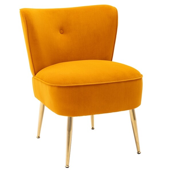 Modern Velvet Side Tufted Wingback Accent Leisure Chair with Ginger Fabric Upholstered Seat and Gold Metal Legs