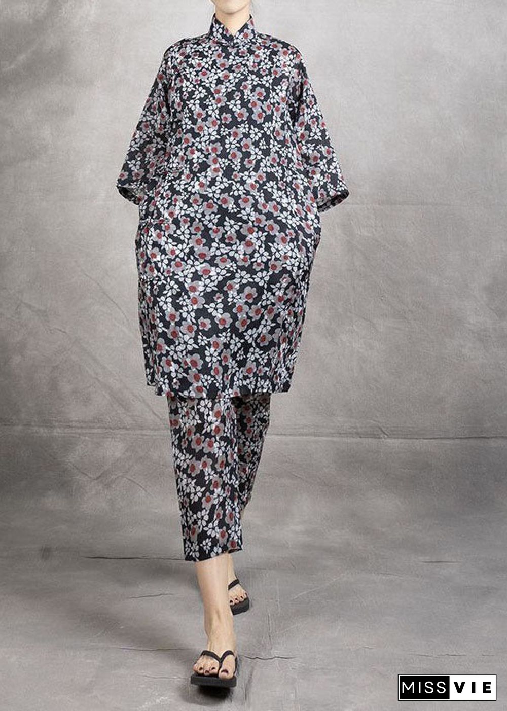 Chinese Style Black Print Tops And Pants Linen Two Pieces Set Summer