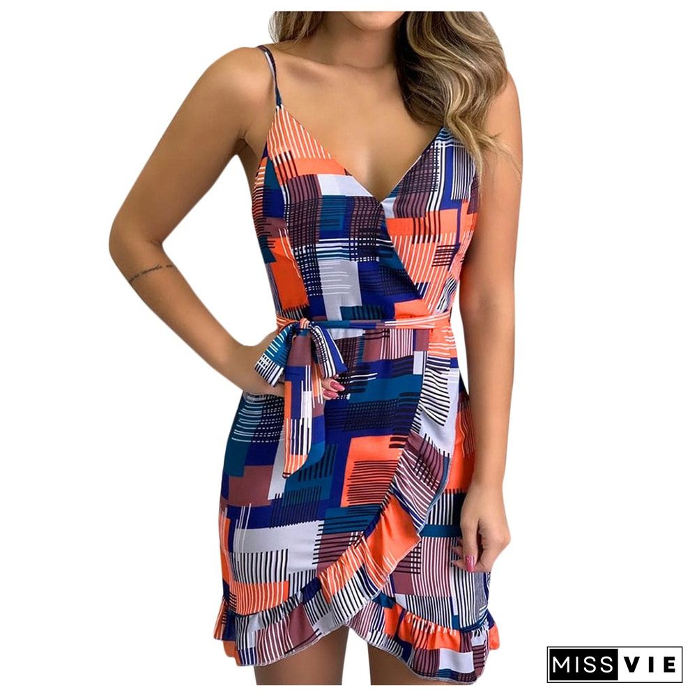 Women Summer Sleeveless Graphic Printed Casual Beach Party Ruffle Dress Sexy Spaghetti Dress Summer V Neck Elegant Dresses