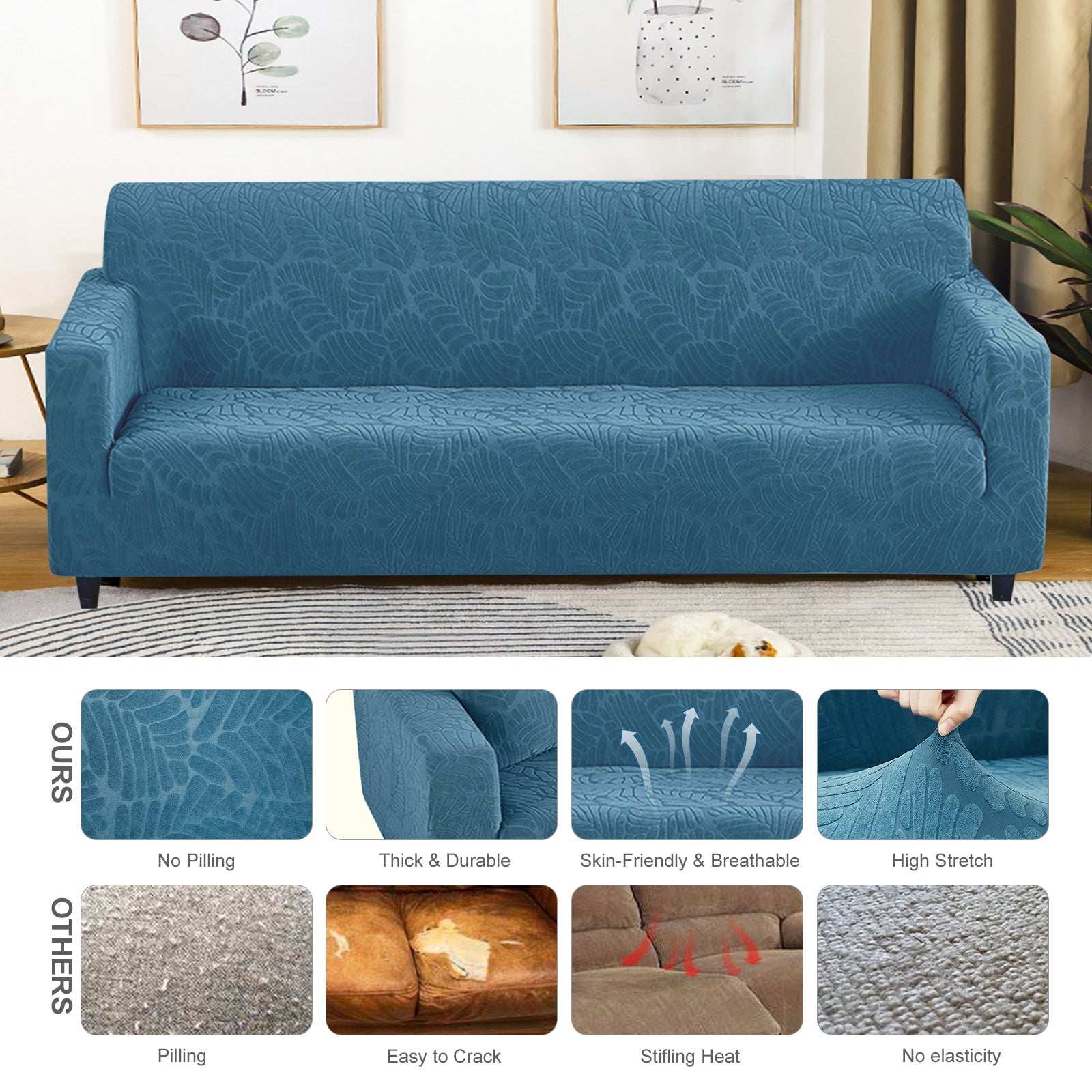 Oversize Couch Cover with Pillowcase & Foam, Slipcovers for Sofas Stretch Jacquard for 3 Seater Sofa,Loveseat Cover Chair Covers for Drawing/Living Room for Kids, Pets(3 Seater,Blue)