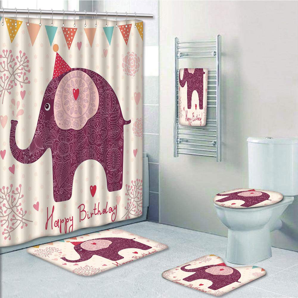 PRTAU Kids Birthday Asian Paisley Motif with Color Elephant Party Cone Hearts Flags 5 Piece Bathroom Set Shower Curtain Bath Towel Bath Rug Contour Mat and Toilet Lid Cover