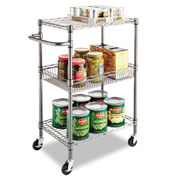 Alera Three-Tier Wire Cart with Basket， Metal， 2 Shelves， 1 Bin， 500 lb Capacity， 28