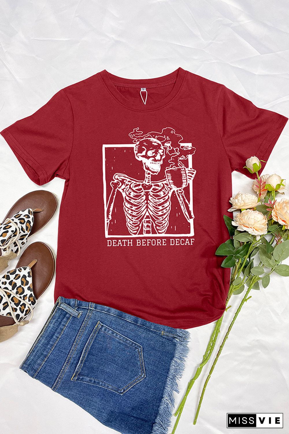 Skeleton Death Before Decaf Skeleton Drink Coffee Graphic T-Shirt Wholesale