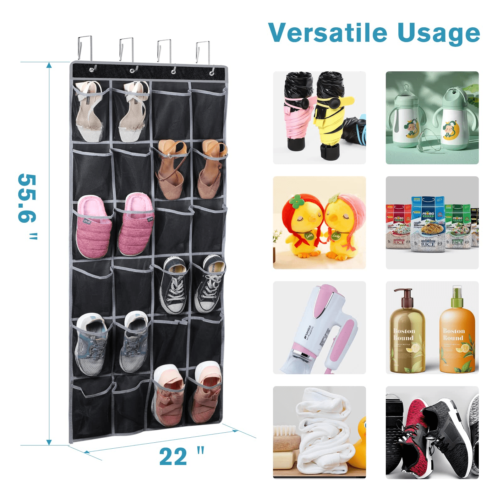 Over the Door Shoe Organizer 24 Large Mesh Pockets， Door Shoe Rack Holder Back of Door Shoe Storage Organizer Hanging， Black