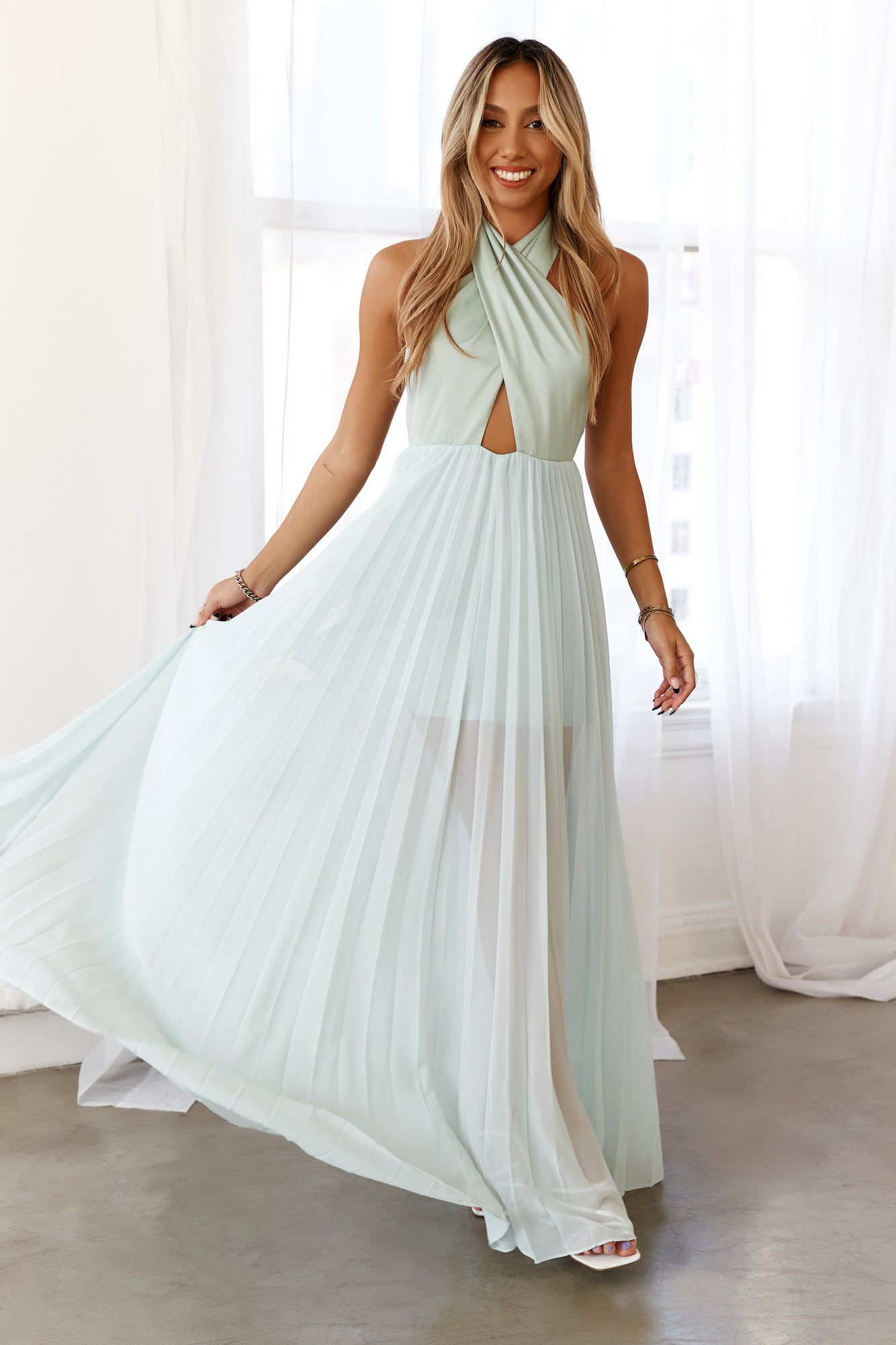 DEAR EMILIA Cascading Horizons Maxi Dress Sage