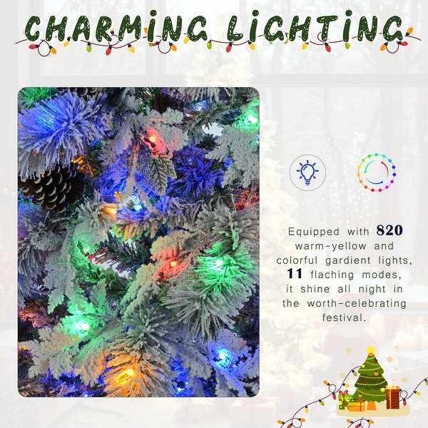 7.5ft PreLit Spruce Snow Flocked Artificial Christmas Tree with Pine Cones，745 Branch Tips，450 MultiColor LED Lights