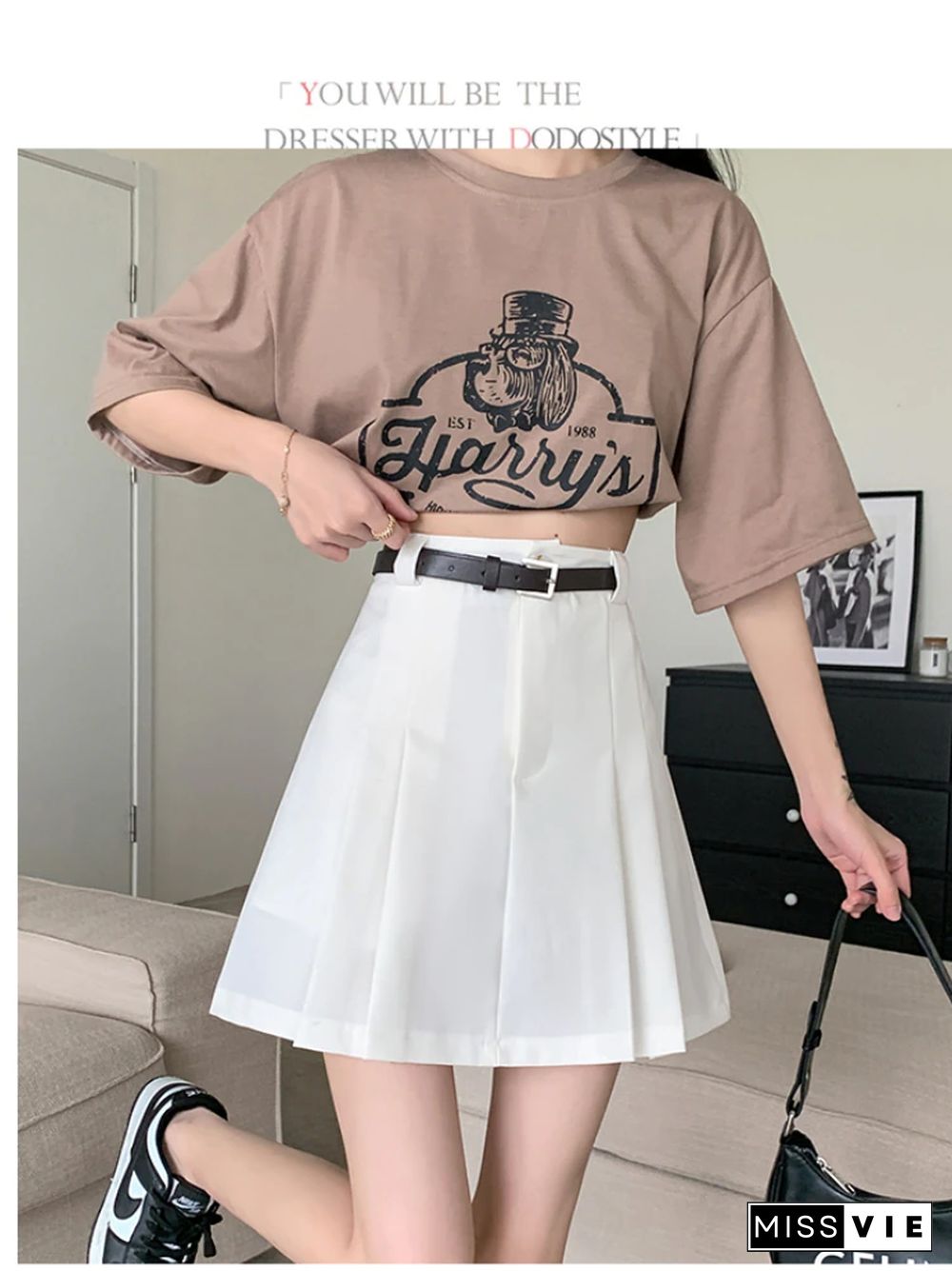 Retro High Waist A-line Pleated Skirt With Belt Summer New Preppy Style Mini Skirt Women Black Y2k Short Pant Skirt