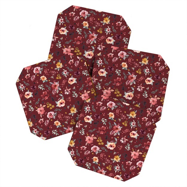 Ninola Design Countryside Floral Dark Red Set Of 4 Coasters Deny Designs