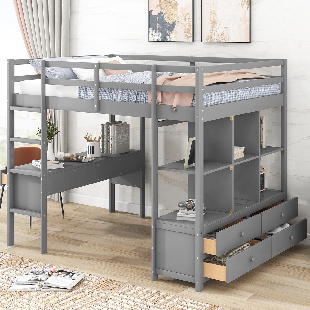 Full Size Loft Bed with Built in Desk with Storage Shelves   Drawers