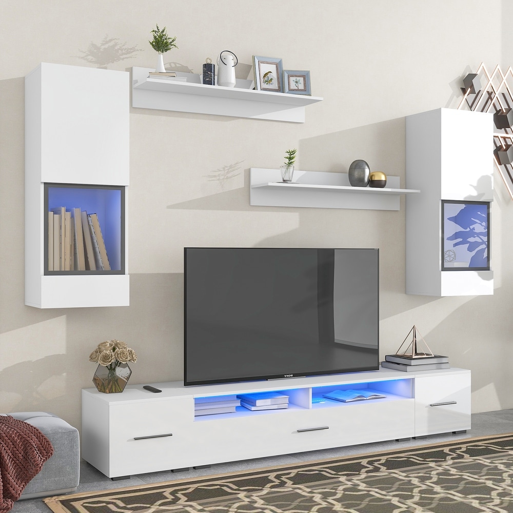 Modern TV Stand with LED Light 7 Pieces Floating TV Stand Set High Gloss Wall Mounted Entertainment Center for 90\