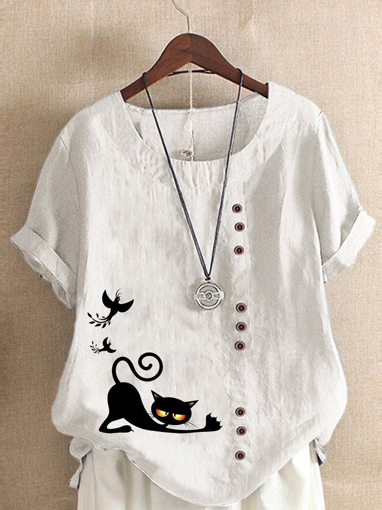 Round Neck Casual Loose Cat Print Short Sleeve Blouse