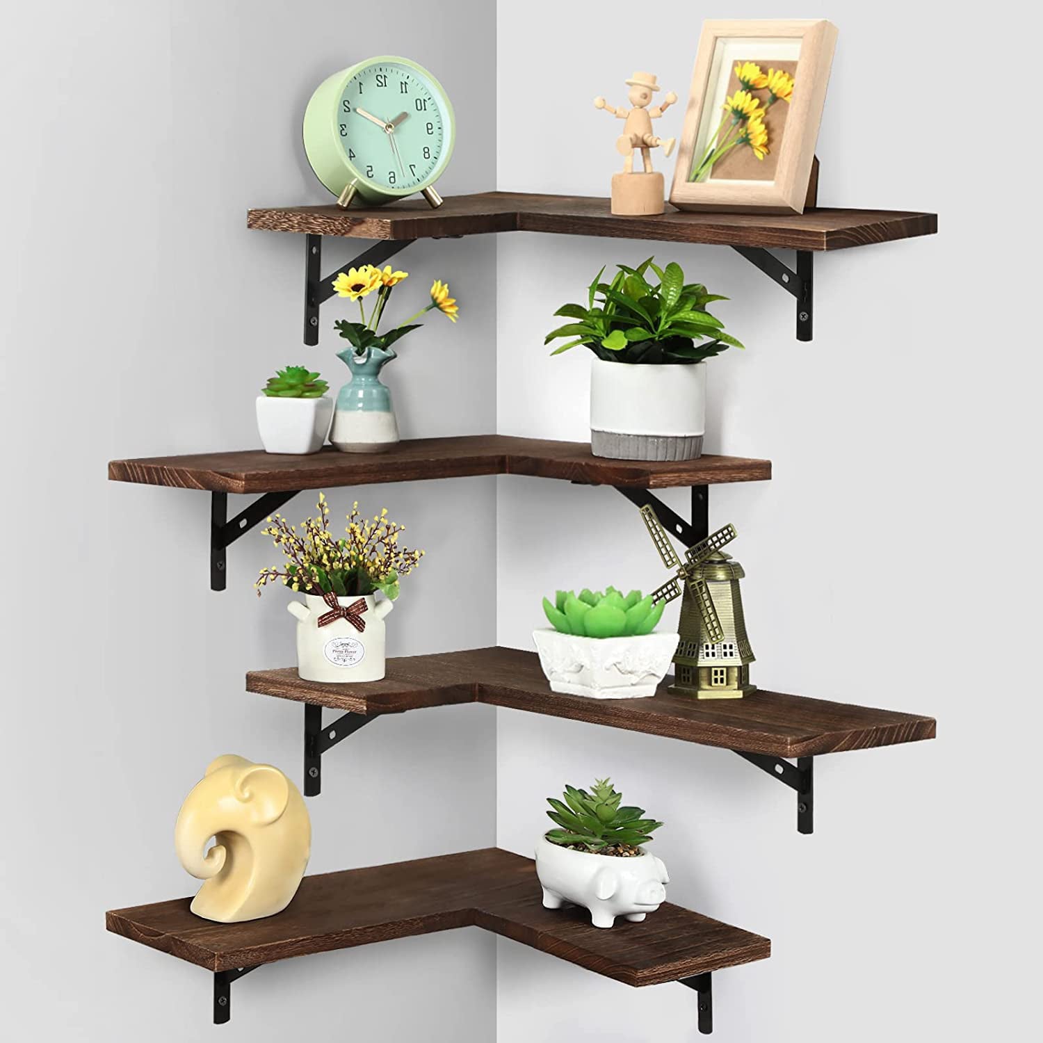 Wall Mounted Rustic Brown Wood Wall Shelves, Set of 4 Corner Floating Shelves